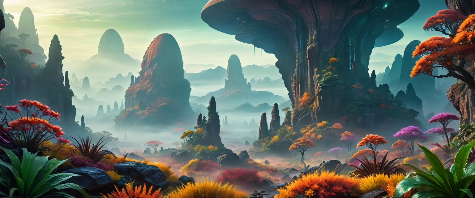 Science Fiction, Lush Alien Landscape, Vibrant flora, Mysterious rock formations, Atmospheric lighting, Fall, Misty mist, Distant Alien Skies, Award-winning illustrations|Popular on ArtStation, masterpiece|highly detailed|best quality|HD|8K|uHD|intricate details|extreme_detail