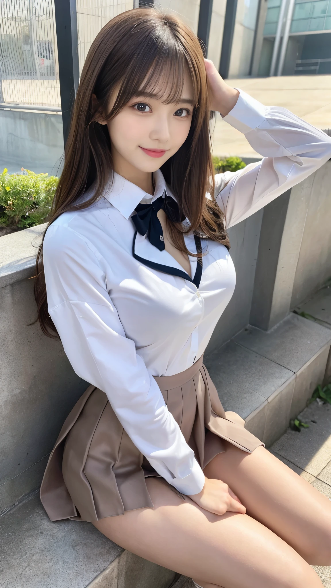 (Detailed skin:1.2),(Shiny skin:1.1),8K,Highest quality, masterpiece, Ultra-high resolution,(Realistic:1.4), RAW Photos,(Soft saturation:1.3),(Fair skin:1.2),Japanese Idols,repair,20 years, Light brown hair, (Long Hairstyles:1.2), Asymmetrical Hair, Asymmetrical bangs (Pretty face:1.4), (Large Breasts, Tight waist), Beautiful lighting, Small Head, (Student Uniform:1.2,),(Wearing loose socks:1.3),Highly detailed face, Highly detailed lips, fine grain, double eyelid,(Full Body Shot:1.2), Browsing Caution, (Sharp focus: 1.2), (Perfect Anatomy、Beautiful woman with perfect figure: 1.2)、Exposing cleavage、Random sexy poses,Accentuate your leg lines、Smiling