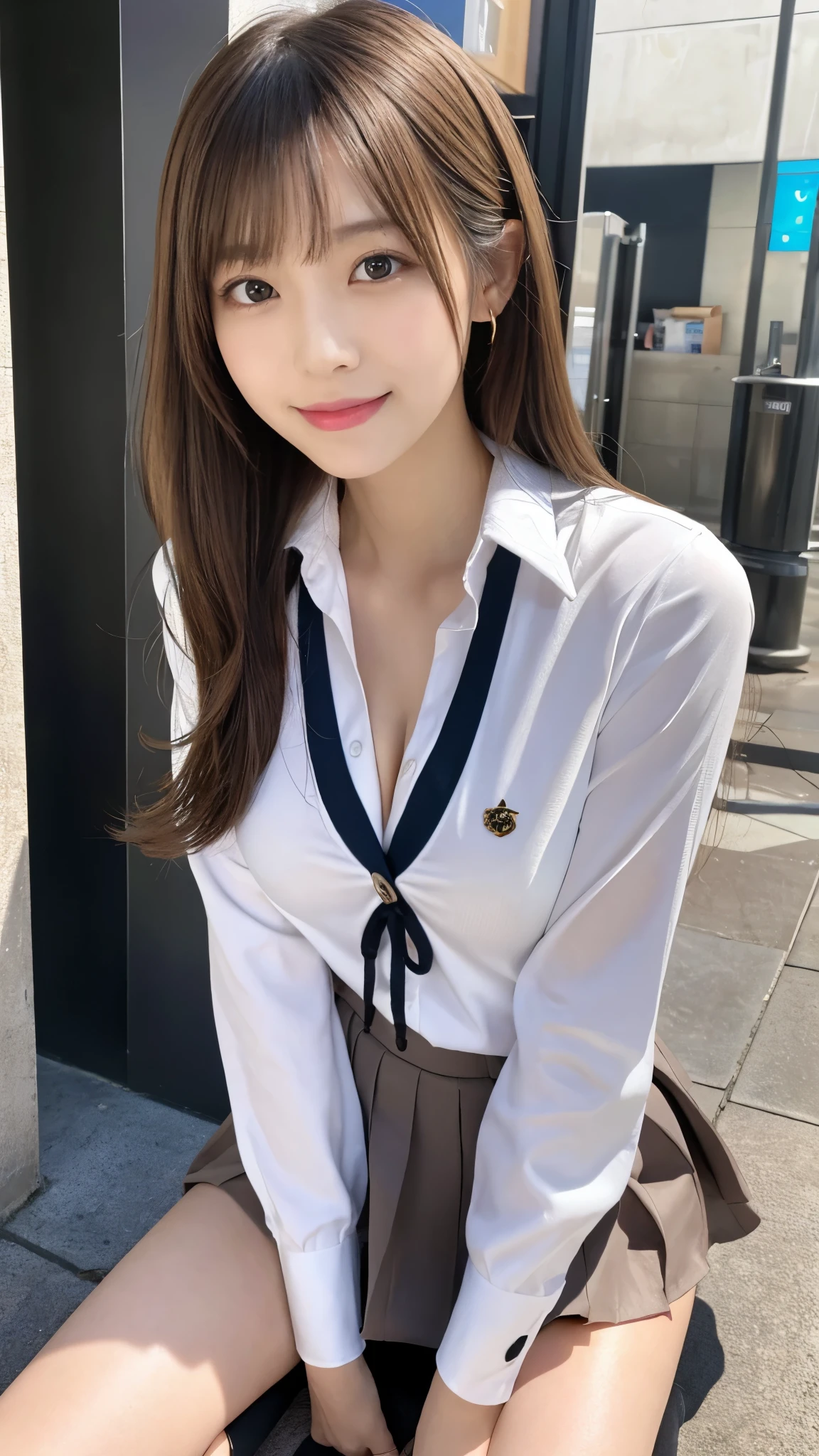masutepiece, Best Quality, Illustration, Ultra-detailed, finely detail, hight resolution, 8K Wallpaper, Perfect dynamic composition, (Beautiful detailed eyes:1.1), Ribon tie, Pink High School Uniform, Ruffled short skirt, (Blonde hair:1.1), pony tail hair, (huge-breasted:1.4), Bold sexy poses, Smile, School, a 18 year old girl, (Cute 1.3), Sexy shot looking at camera, Sunset, by the window, Summer, knee sox, make up, Curve