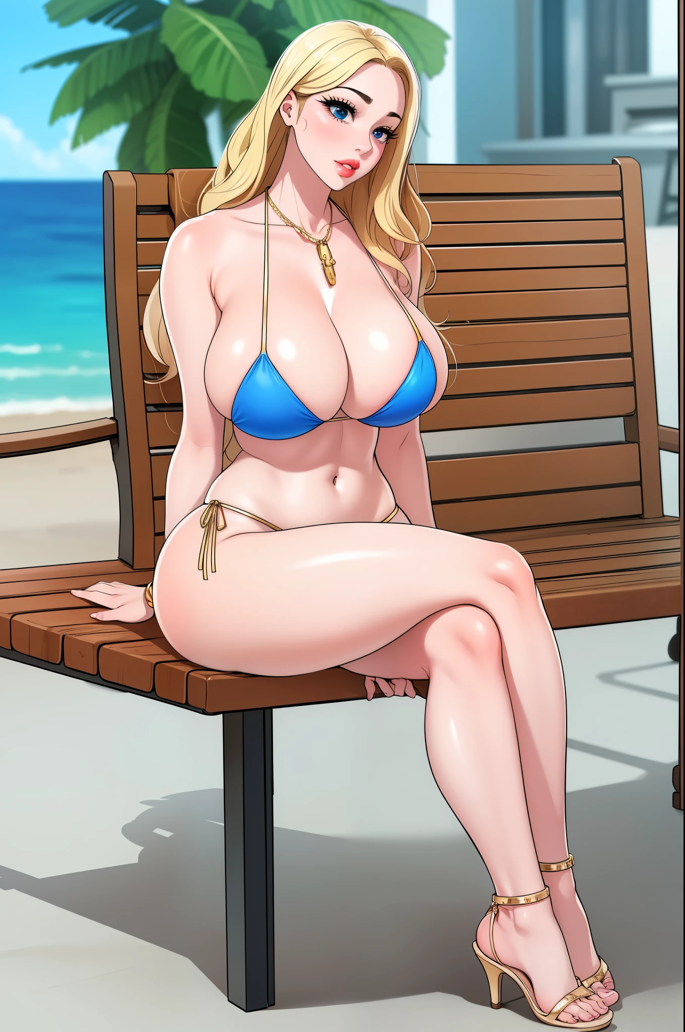 An extremely beautiful stunning voluptuous woman, with gold blonde long silky hair, big blue eyes, extremely super bright snow white fair stunning flawless glowing lush shiny white complexion, flawless skin, a perfect tight hourglass figure, and a skinny waist, sexy thick smooth luscious legs and thighs, wearing a short sexy tight revealing purple bikini, yellow heels, gold necklace on the neck, gold anklets on feet, gold chain on the waist, sitting on a bench, legs crossed, extremely cute smile on the face, bright pink blushes on cheeks, beach in the background, show full body from head to feet.