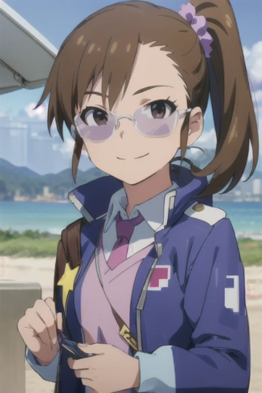 (((pixel-perfect, detail-perfect))), solo, 1girl, mami futami, jacket purple, looking at viewer, smile, sunglasses, upper body, tie, aircraft