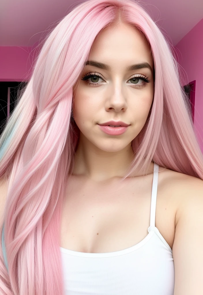 um close up de uma mulher com pink hair e um top preto, pink hair, pink straight hair, pink hair claro, com pink hair, pink hair longo, long bubblegum hair, bubblegum hair, pastel pink skin tone, long flowing pink hair, pink hair claro longo, pink hair wispy, pink hair claro com chamas cor-de-rosa, long hair with pastel colors, ava max