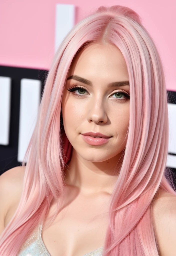 um close up de uma mulher com pink hair e um top preto, pink hair, pink straight hair, pink hair claro, com pink hair, pink hair longo, long bubblegum hair, bubblegum hair, pastel pink skin tone, long flowing pink hair, pink hair claro longo, pink hair wispy, pink hair claro com chamas cor-de-rosa, long hair with pastel colors, ava max