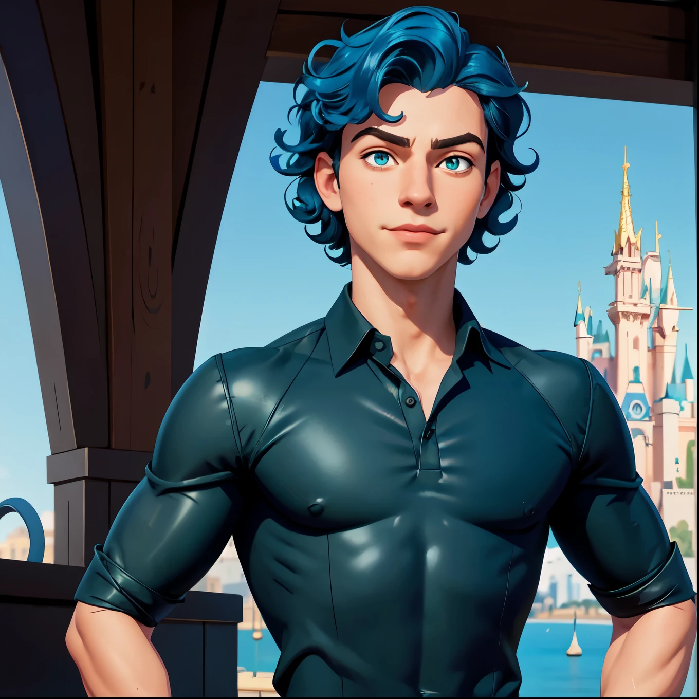 Masterpiece, best quality, 1boy, solo, male, teenage boy,15 years old, cute, clean face, handsome, perfect face, curly hair style, deep blue hair, oval shaped eyes, green eyes, clever eyes, shiny eyes, Disney style eyes, small nose, impressed expressions , detailed face, standing, visible from chest to chestconfirmed pose, half smiling, wearing black shirt, collared shirt, buttoned up, tight black shirt, muscular, shoulder muscles, sleeves up, upto chest, portrait style,looking at viewer, city in background, light and shadow, Disney style, miraculous ladybug style, digital painting