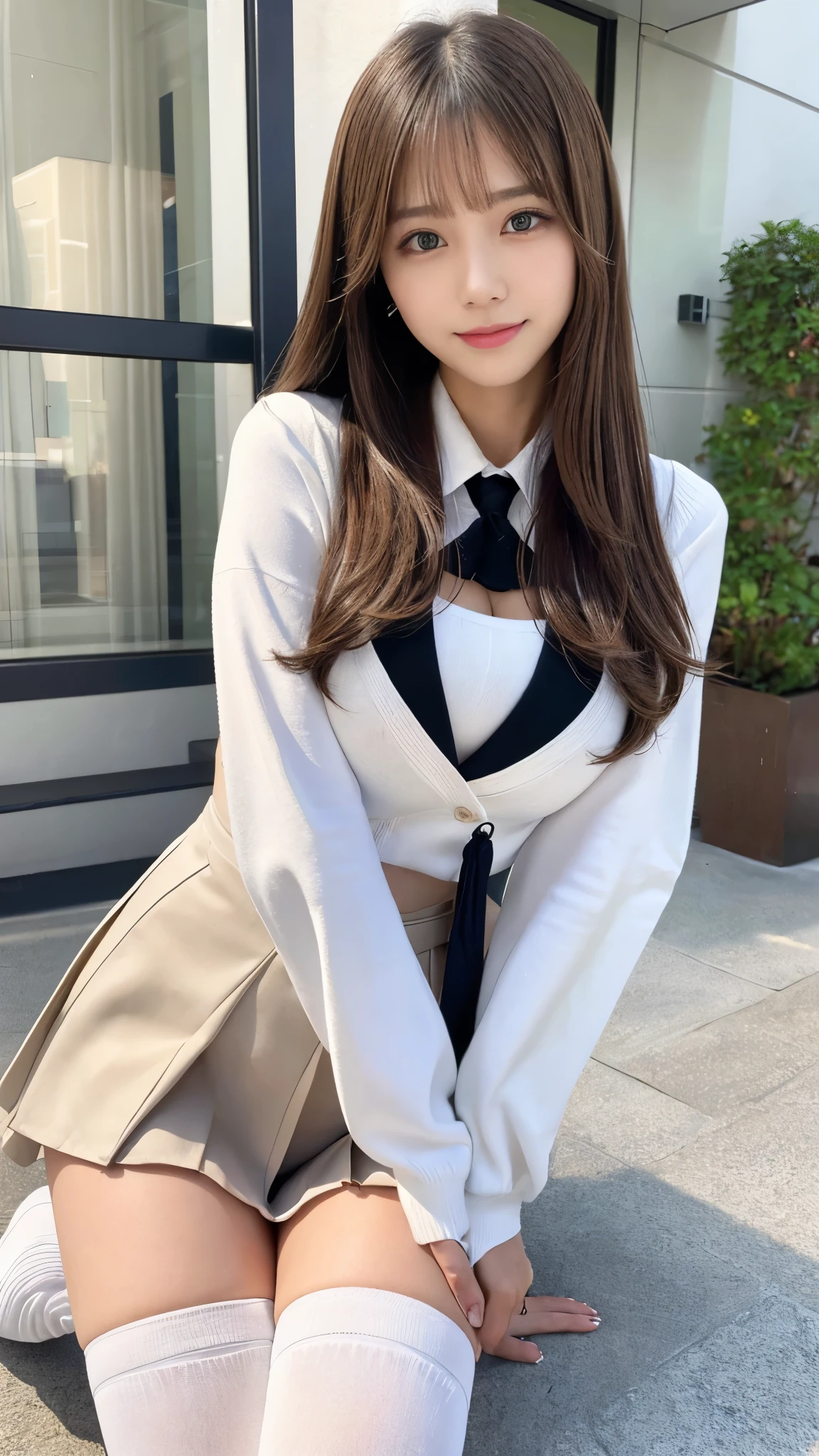 (Detailed skin:1.2),(Shiny skin:1.1),8K,Highest quality, masterpiece, Ultra-high resolution,(Realistic:1.4), RAW Photos,(Soft saturation:1.3),(Fair skin:1.2),Japanese Idols,repair,20 years, Light brown hair, (Long Hairstyles:1.2), Asymmetrical Hair, Asymmetrical bangs (Pretty face:1.4), (Large Breasts, Tight waist), Beautiful lighting, Small Head, (Student Uniform:1.2,),((White knee-high socks:1.2)),Highly detailed face, Highly detailed lips, fine grain, double eyelid,(Full Body Shot:1.2), Browsing Caution, (Sharp focus: 1.2), (Perfect Anatomy、Beautiful woman with perfect figure: 1.2)、Exposing cleavage、Model-like pose,Accentuate your leg lines、Smiling