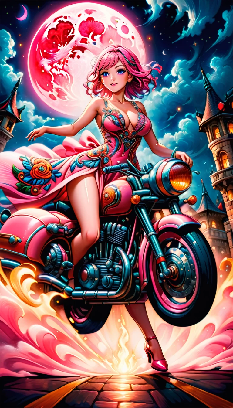 an intricate (masterwork embroidery: 1.3) picture of an exquisite woman standing near her legendary vintage (pink motorcycle: 1.3), a glam beautiful, woman, medium hair cut, dynamic color hair, intense gaze, elegan intricate dress, dynamic color dress, standing near her epic vintage  (pink motorcycle: 1.3), it is night time, moon light, some clouds, there is an entrance to torch lit entrance to a palace in the background, ral-embroideredpatch, best details, best quality, 16k, [ultra detailed], masterpiece, best quality, (extremely detailed), dynamic angle, full body shot,