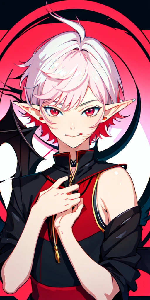 (arte anime, work of art, best qualityer, 4K, Icon), Tall and Very Handsome Elf Boy, Short White Hair, Stellar Red Eyes, Cute Bat Wings Behind the Back in Pink, Fitted Body Blouse with Sleeveless Roll Collar in Black with Red Outline Zipper from Top to Bottom, Black Heart Choker, Black Sweatshirt Over Loose Elbow Length, Red Glitch Distorted Reality Background, masculine, elf boy, handsome male, Hand Touching Cheek, winking an eye, tongue out.