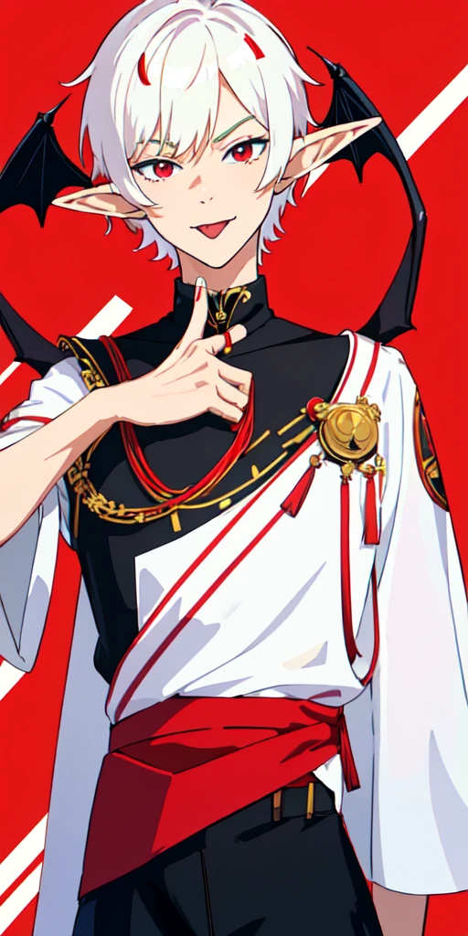 (arte anime, work of art, best qualityer, 4K, Icon), Tall and Very Handsome Elf Boy, Short White Hair, Stellar Red Eyes, Cute Bat Wings Behind the Back in Pink, Fitted Body Blouse with Sleeveless Roll Collar in Black with Red Outline Zipper from Top to Bottom, Black Heart Choker, Black Sweatshirt Over Loose Elbow Length, Red Glitch Distorted Reality Background, masculine, elf boy, handsome male, Hand Touching Cheek, winking an eye, tongue out.