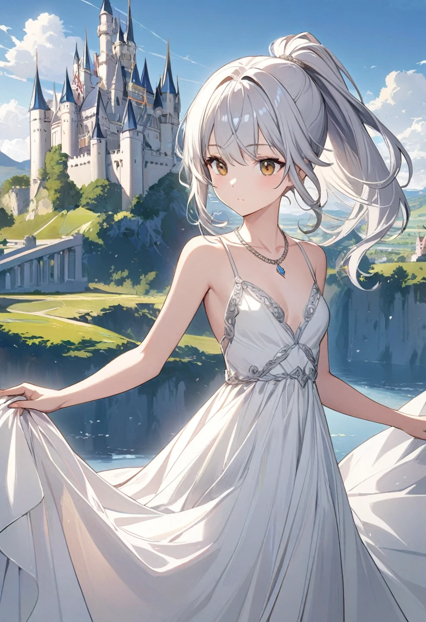 1girl, ponytail , fair skin, silver hair, golden eyes, (elegant  white dress:1.3), (small breasts:1.4), collarbone, petite figure, (illustration:1.1), (perfect details:1.1), landscape, background, castle, abstract, diamond necklace, princess