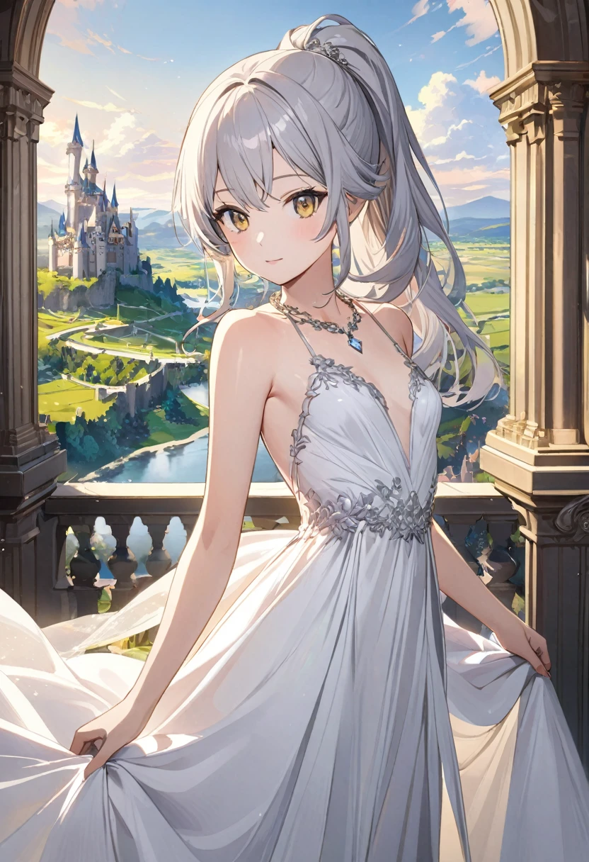 1girl, ponytail , fair skin, silver hair, golden eyes, (elegant white dress:1.3), (small breasts:1.4), collarbone, petite figure, (illustration:1.1), (perfect details:1.1), landscape, background, castle, abstract, diamond necklace, princess