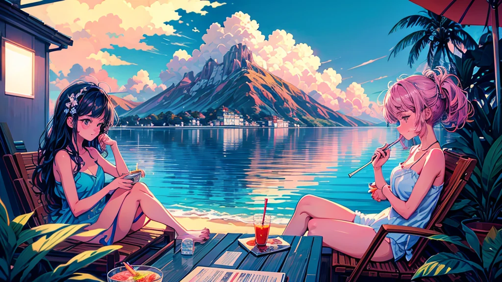 There is a woman sitting on a towel sipping a coconut drink, In the style of digital illustration, stylized digital illustration, Just a joke, Great illustrations, Lo-fi Girl, Chill Hop, Relaxing concept art, Beautiful digital illustrations, Relax on the beach, Beautiful digital art, Illustration Style, Beautiful artwork illustration, Exquisite digital illustrations, Detailed digital illustration, Lofi Art