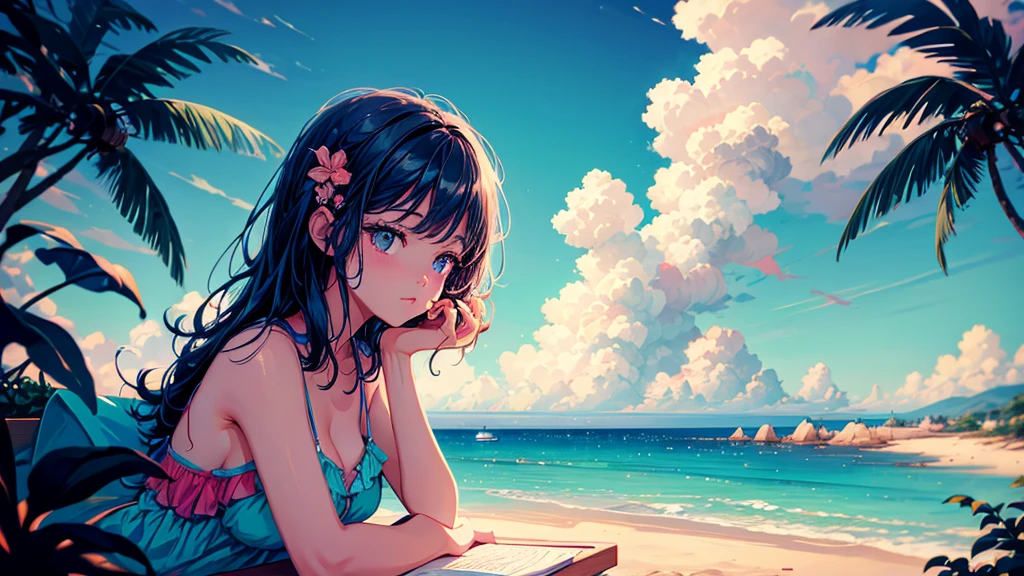 There is a woman sitting on a towel sipping a coconut drink, In the style of digital illustration, stylized digital illustration, Just a joke, Great illustrations, Lo-fi Girl, Chill Hop, Relaxing concept art, Beautiful digital illustrations, Relax on the beach, Beautiful digital art, Illustration Style, Beautiful artwork illustration, Exquisite digital illustrations, Detailed digital illustration, Lofi Art