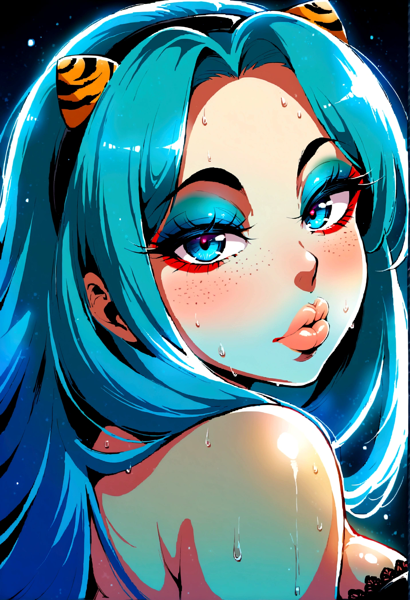 score_9, score_8_up, score_7_up, solo, lum, long hair, bangs, blue hair, blue eyes, tiny horns, aqua hair, eyeshadow, goth, tattoos, long eyelashes, (big lips:1.5), teasing, night, freckles, blush, corset, cleavage, shining blush, strapless bikini, perfecteyes, tiger lily flowers background, Vintage, Expressiveh, portrait, wet corset, from side, look at viewer,