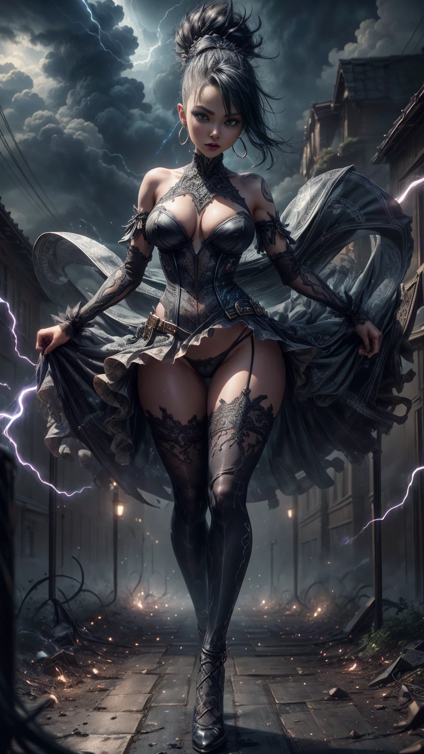 Windy, Full body portrait, bokeh, ((absurdres)) demonic succubus, electrical discharges, lightning, ((perfect whole body)), action pose, combat stance, ((ultra photorealistic)), Top quality, ((Photorealistic)), ((16k UHD)), High Definition, Unity 8K wallpaper, high res, ultra sharp, ((masterpiece)), best quality, ((intricate details)), busty, curvy hips, sheer lowleg panties (((detailed eyes))), (((perfect face))) (((detailed face))), masterpiece, combat stance with legs spread wide apart, highly detailed exquisite character art, melancholy lighting, (((perfectly detailed anatomy))) (((cinematic light))), ultra-realistic, (((1female))), shaved long white mohawk ,black skin, black complexion, blue eyes, gothic outfit, tattoo's, busty, see-through mesh panties, torn stockings, straddling over the viewer, legs spread wide open, black lips, hoop earrings, superpowers, weather witch, commanding the weather, wind, hail, lightning, clouds, avalanche, rain, thunder, flying, plump lips,