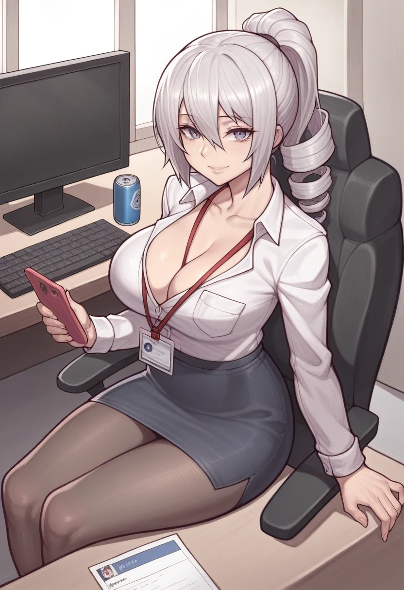_asura style, bronya_zaychik, 1girl, breasts, solo, cleavage, office_lady, skirt, looking_at_viewer, pantyhose, grey_hair, can, large_breasts, grey_eyes, long_hair, sitting, smile, keyboard_(computer), holding, jacket, sweater, id_card, office_chair, bangs, chair, pencil_skirt, closed_mouth, monitor, mouse_(computer), hair_between_eyes, lanyard, blue_skirt, collarbone, ponytail, open_jacket, long_sleeves, phone, open_clothes, shirt, brown_pantyhose, indoors, drill_hair