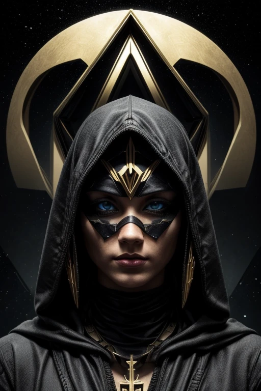 Front-facing portrait of a positive hero in a geometric, futuristic golden mask and white hooded tunic in black and sand, wearing a cleric robe. The design fuses elements from Dune's aesthetic, Diablo 4's dark themes, Destiny 2 and Warhammer 40k's grandiose sci-fi. Top lighting provides a mystical, foggy atmosphere suggesting an ancient temple. Dominant colors: black, white, gold, sand, royal blue, emerald green