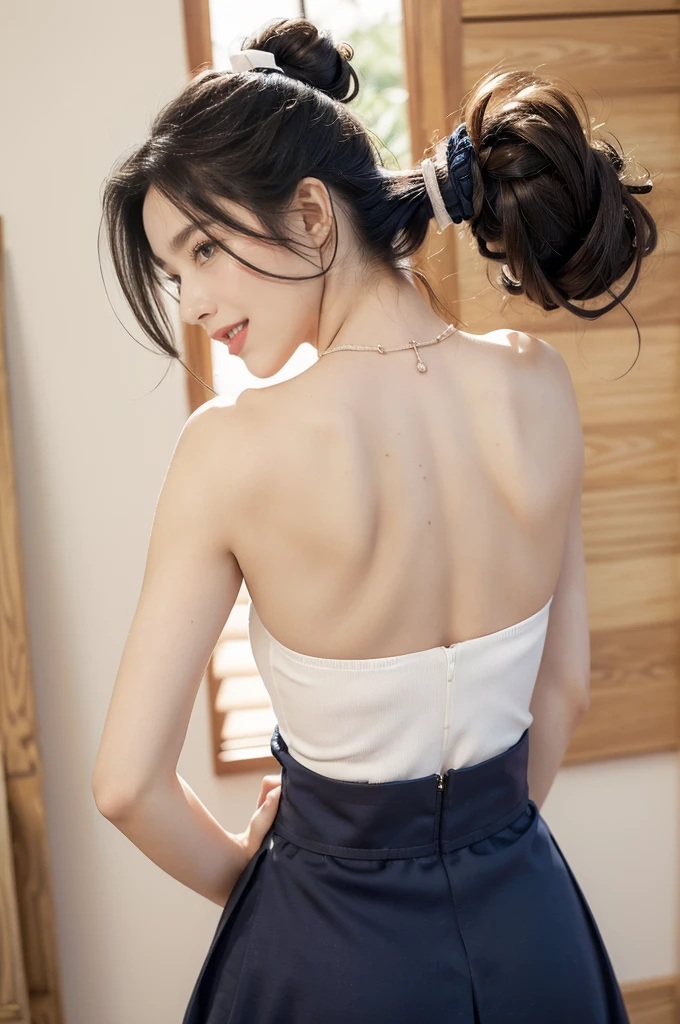 (((best quality))),(((ultra detailed))),(((masterpiece))),illustration,1girl,solo,short ponytail,slim,thin,((strapless,shoulder off,bare back,towering hips,butt crack)),white collar,white tank top,maxi navy-blue kendo hakama,standing in kendo gym,focused and determined expression,ready for challenge,slender and elegant face,confident and resilient,fair skin,blush,neat teeth,bright smile,clean and tidy uniform,wooden gym floor,wall,pine scent,standard grip,ready to slice through obstacles,strong belief,determination,spirit of resilience,admiring,((from back,upper body))
