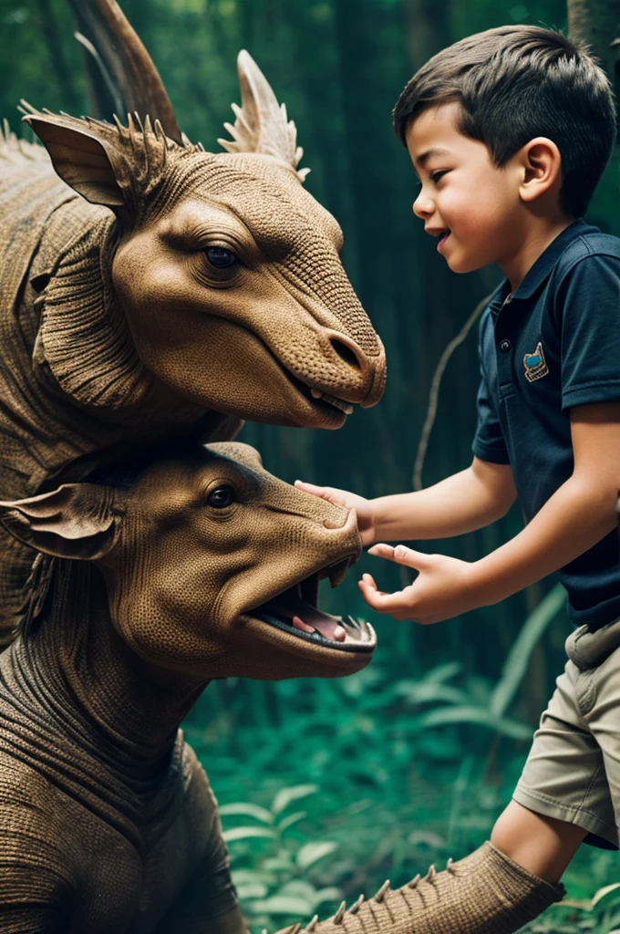 Image of a boy communicating with fantastic creatures 