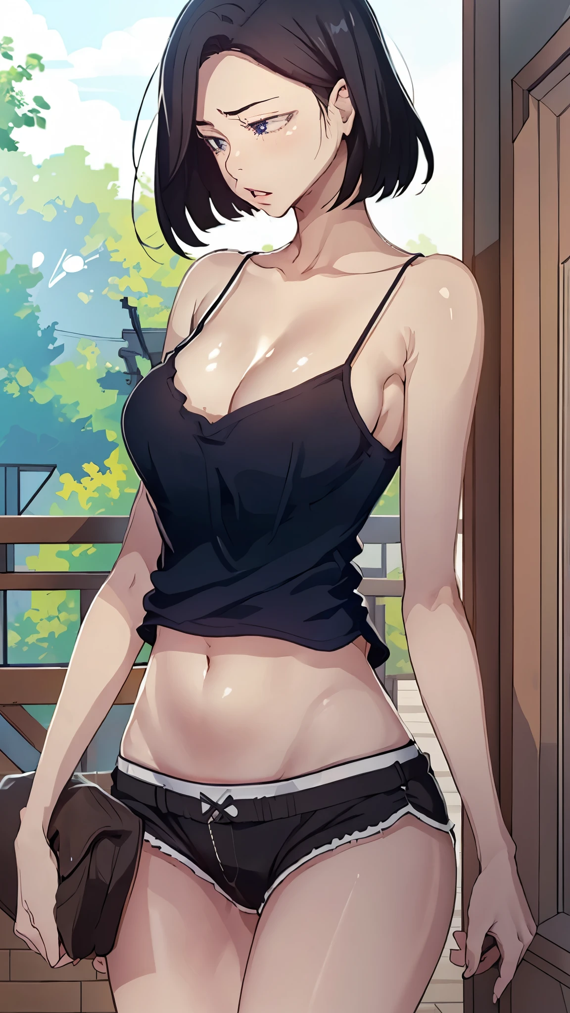 sooahdef, black hair, blue eyes, short hair
looking to the side, solo, breasts, parted lips, large breasts, looking away, camisole, cowboy shot, 1girl, black shorts, shorts, short shorts, bare shoulders, collarbone, cleavage
masterpiece, best quality