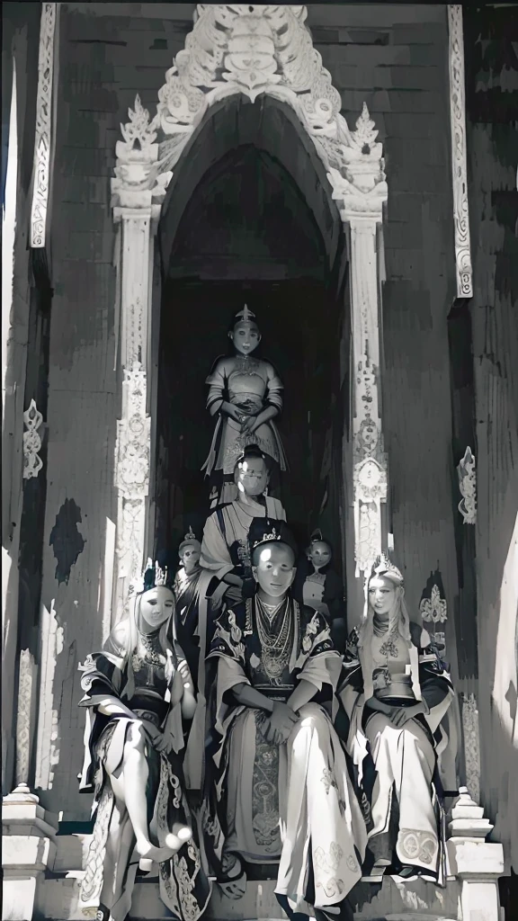arafed group of people sitting in front of a building with a statue, barong family, posed, posing, seated in royal ease, javanese mythology, sitting on intricate throne, barong family member, in a throne room, bali, inspired by I Ketut Soki, historical image, inspiring, ceremony, coronation, style of ade santora