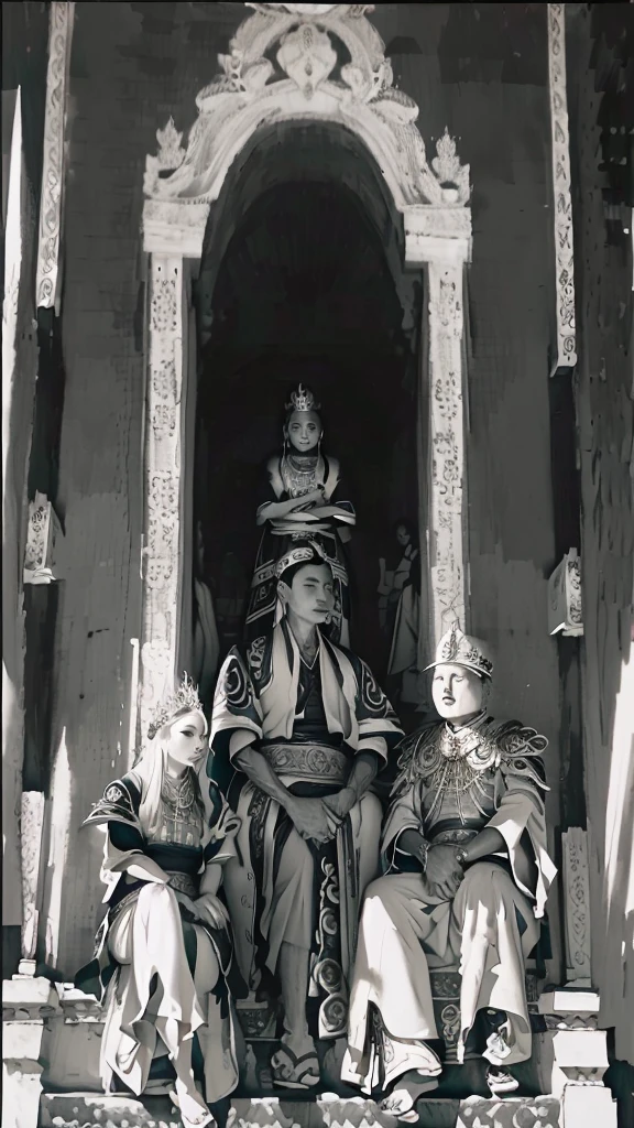 arafed group of people sitting in front of a building with a statue, barong family, posed, posing, seated in royal ease, javanese mythology, sitting on intricate throne, barong family member, in a throne room, bali, inspired by I Ketut Soki, historical image, inspiring, ceremony, coronation, style of ade santora