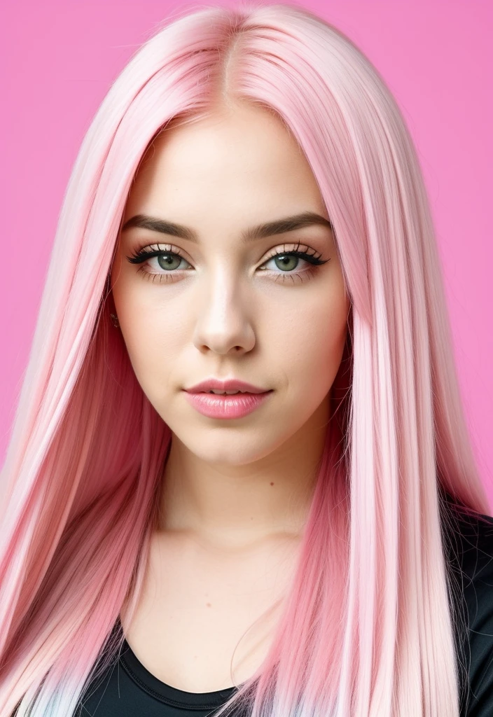um close up de uma mulher com pink hair e um top preto, pink hair, pink straight hair, pink hair claro, com pink hair, pink hair longo, long bubblegum hair, bubblegum hair, pastel pink skin tone, long flowing pink hair, pink hair claro longo, pink hair wispy, pink hair claro com chamas cor-de-rosa, long hair with pastel colors, ava max