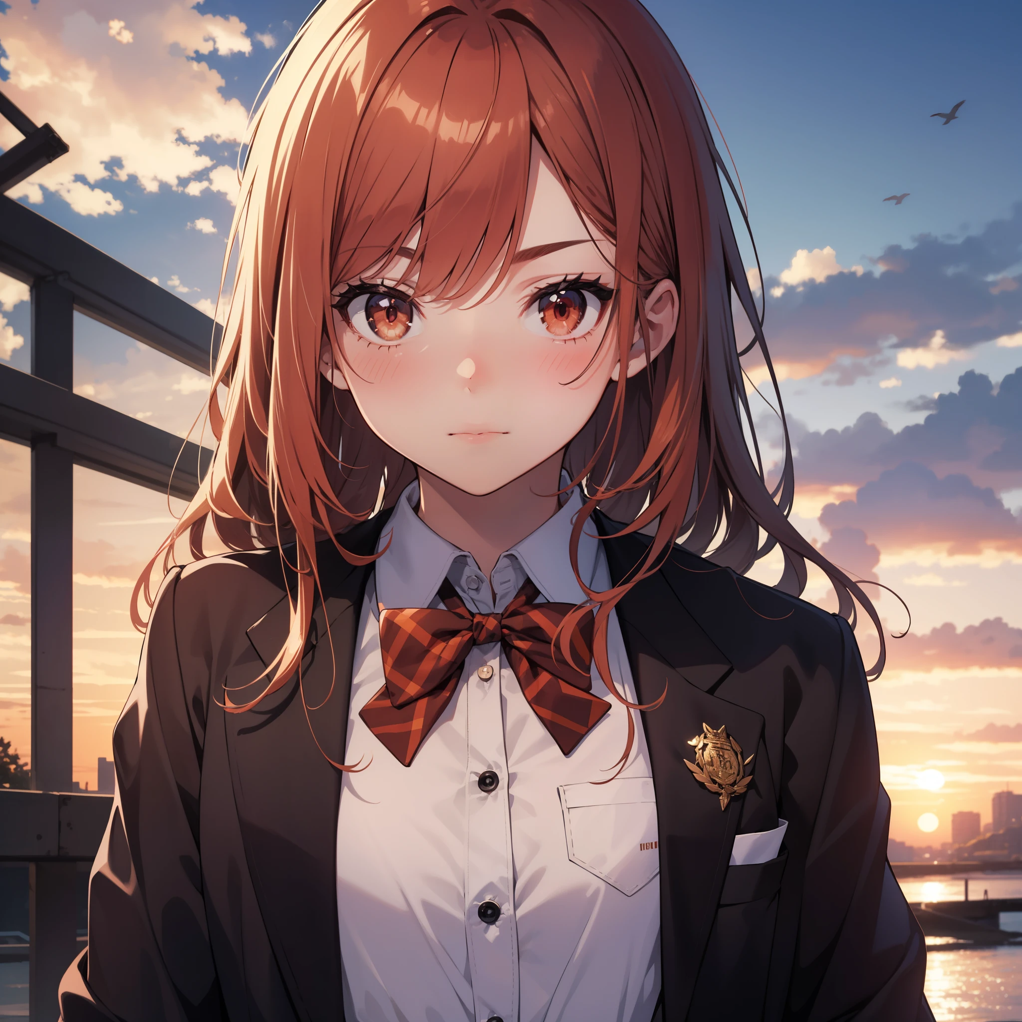 rating:safe, 1girl, long_hair, solo, red_neckwear, shirt, sky, white_shirt, looking_at_viewer, collared_shirt, jacket, bird, outdoors, artist_name, sunset, cloud, bangs, red_bow, blush, orange_hair, eyebrows_visible_through_hair, bow, blazer, red_eyes, bowtie, closed_mouth, brown_hair, evening, black_jacket, school_uniform, upper_body