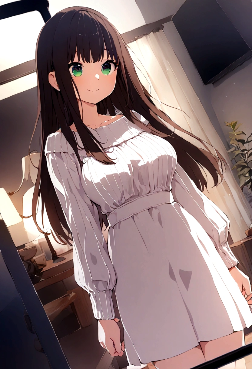 ((1girl)), super fine illustration, vibrant colors, absurdres extremely detailed CG, 8k wallpaper, (masterpiece:1.3), dynamic angle, dynamic pose,
best quality, depth of field, cinematic lighting, ultra detailed, brown long hair, very straight hair, large breast, white knit dress , 20yo, cute, kawaii, smile, droopy eyes, arms at sides, smartphone, modern living room, The smartphone screen is facing me