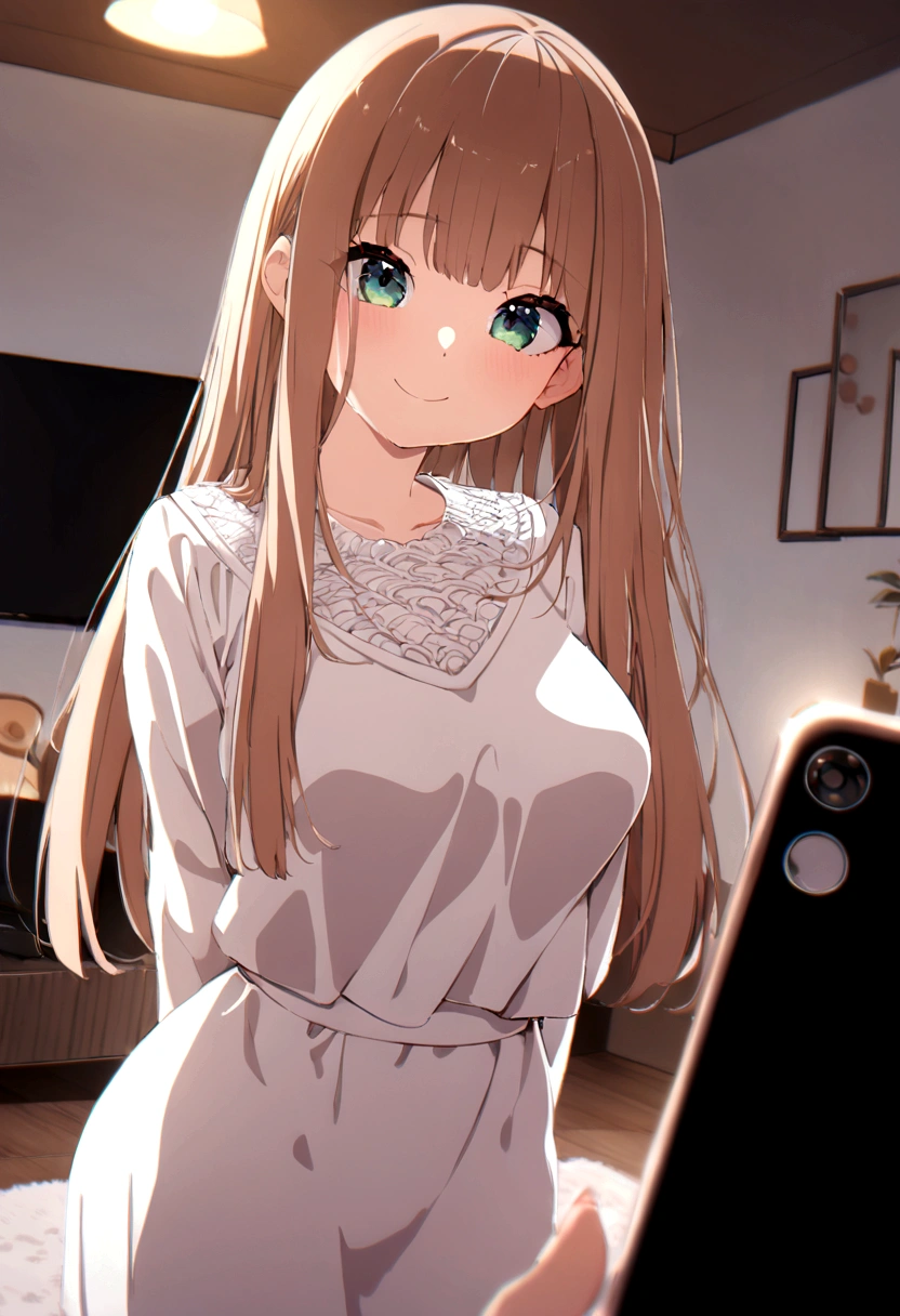 ((1girl)),  super fine illustration, vibrant colors, absurdres extremely detailed CG, 8k wallpaper, (masterpiece:1.3), dynamic angle, dynamic pose, 
best quality, depth of field, cinematic lighting, ultra detailed, brown long hair, very straight hair, large breast, white knit dress , 20yo, cute, kawaii, smile, droopy eyes, arms at sides, smartphone, modern living room, The smartphone screen is facing me
