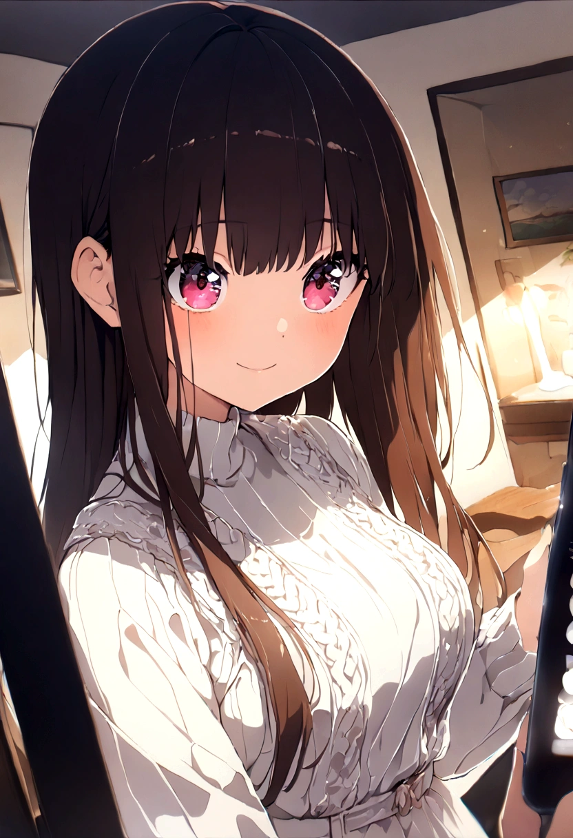 ((1girl)), super fine illustration, vibrant colors, absurdres extremely detailed CG, 8k wallpaper, (masterpiece:1.3), dynamic angle, dynamic pose,
best quality, depth of field, cinematic lighting, ultra detailed, brown long hair, very straight hair, large breast, white knit dress , 20yo, cute, kawaii, smile, droopy eyes, arms at sides, smartphone, modern living room, The smartphone screen is facing me