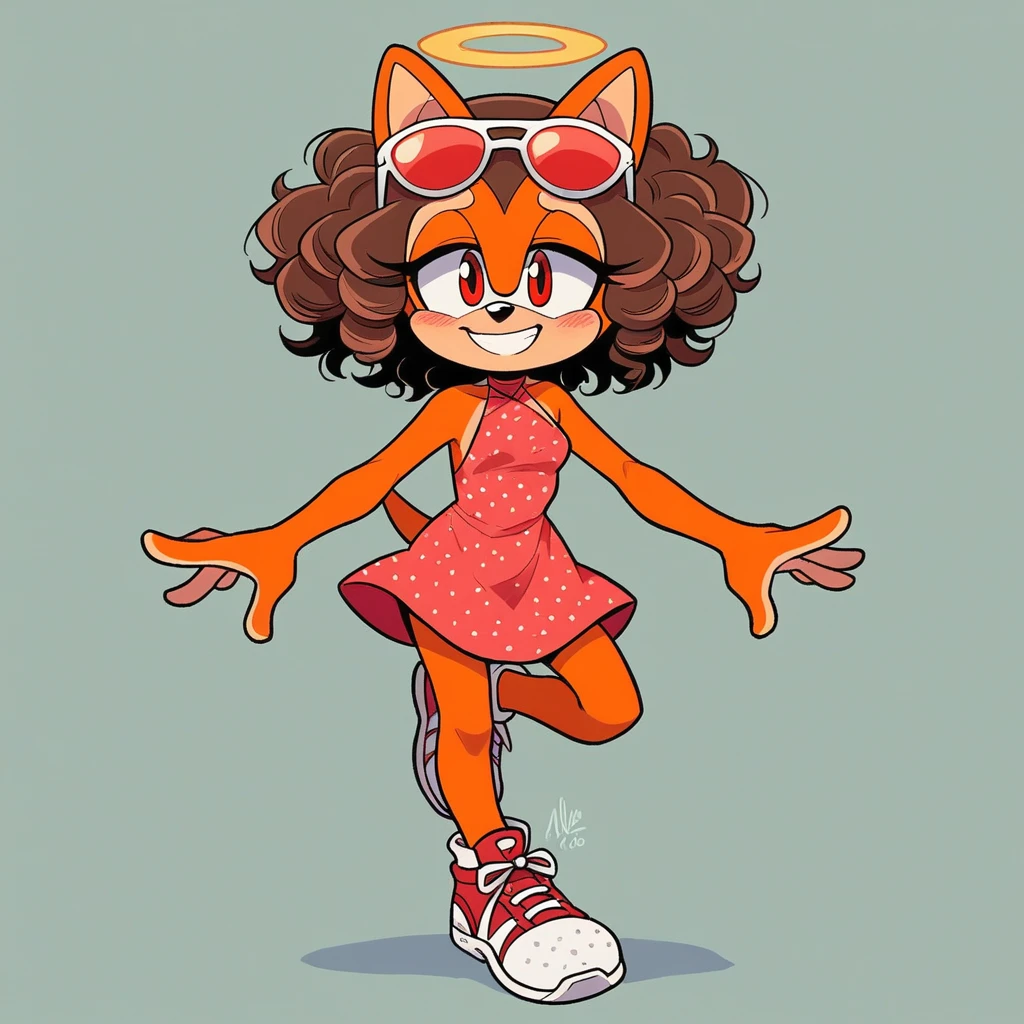 score_9, score_8_up, mobian, solo, hedgehog, two-tone fur ((orange fur, brown fur)), halterneck dress, high-top sneakers, small breasts, two-tone hair (brown hair, black tip)), curly hair, halo, sunglasses, jewelry, red eyes, longeyelashes, red eyes, smile, shy, blush, pose, close up