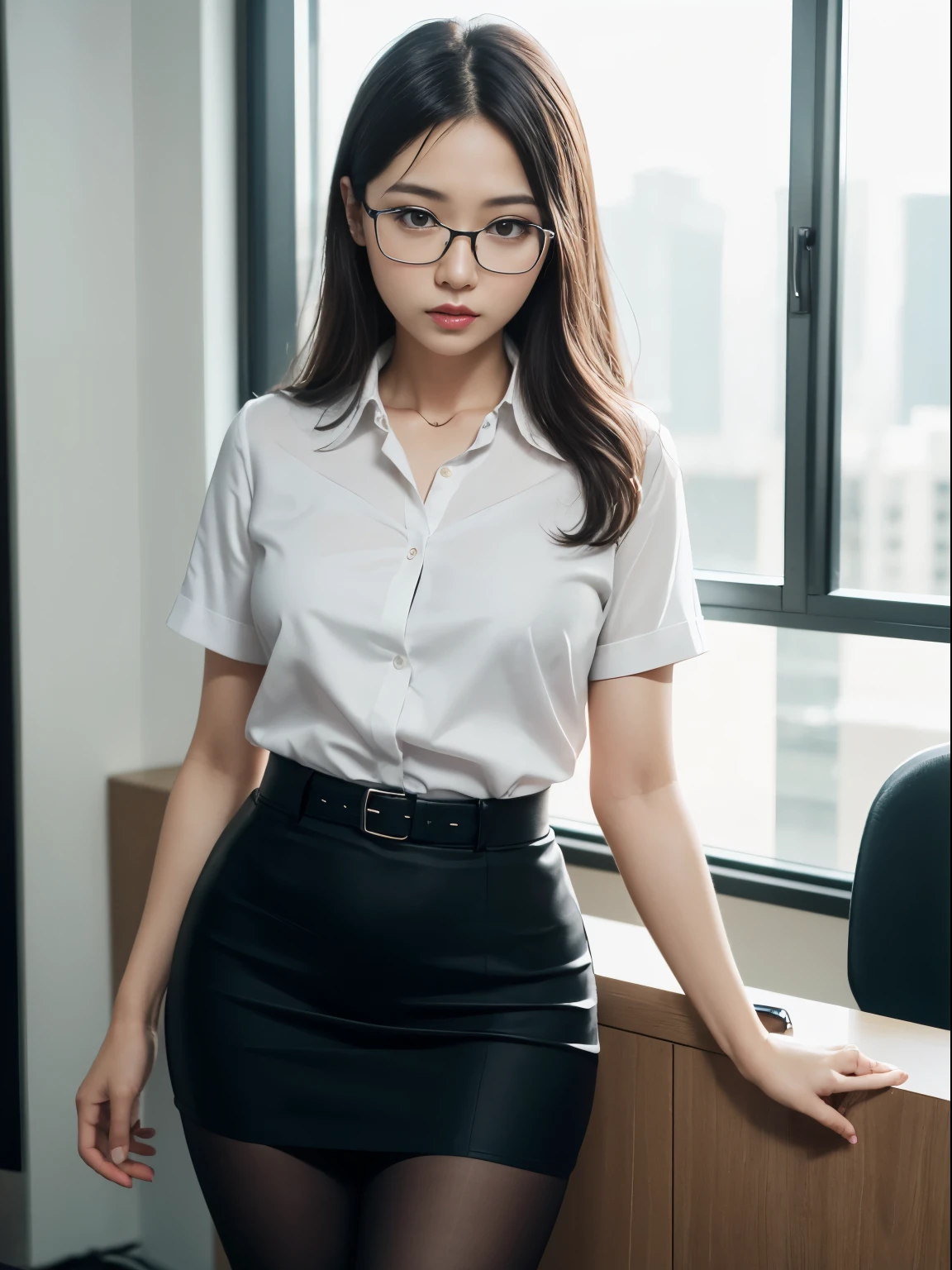 (alone、solo)、A 20-something office lady in an office uniform poses for a photo、(Black Pantyhose)、(Half Up)、victory、Tsundere、Single knot、OL、suit、Blue mall face、anger、、Glasses、Slim girl model photo、Body:The smallest middle-aged man in history、Female Model、Japanese female fashion model、(8K、RAW Photos、Highest quality、masterpiece:1.2)、(Real、Photorealistic:1.37)、Ultra high definition、Ultra high definition、Office Street、Standing position、whole body、((((SEXY)))
