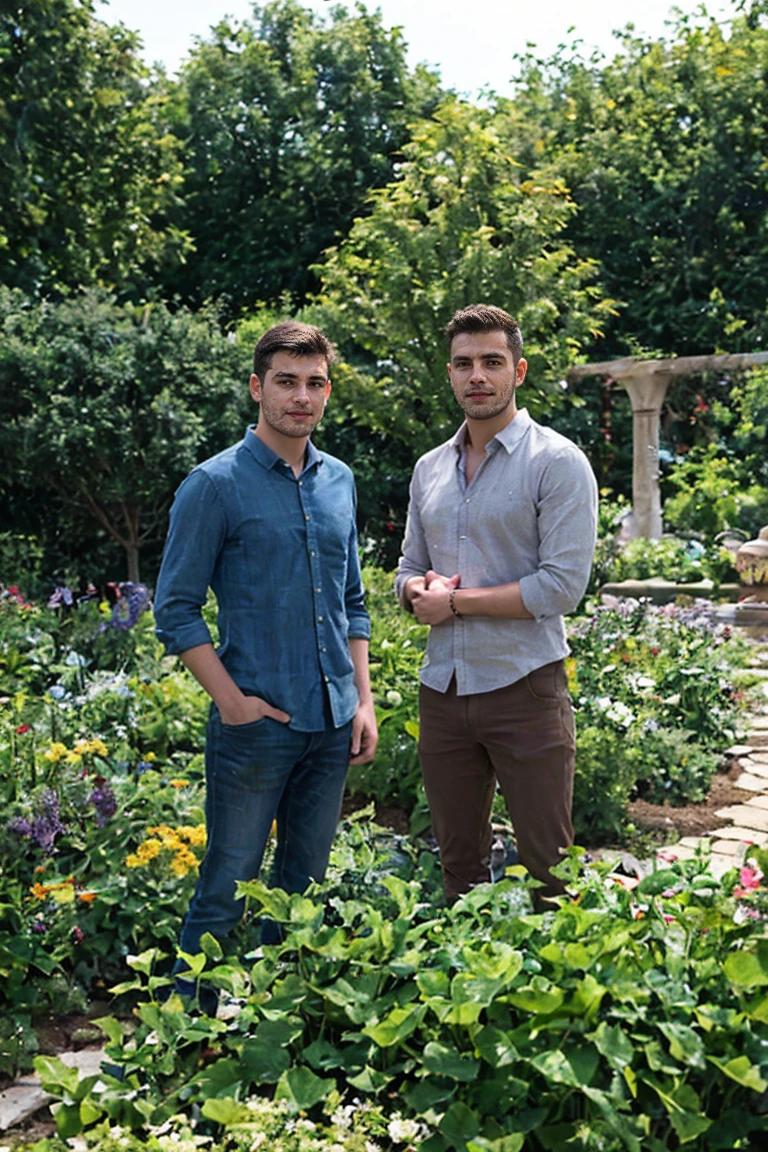 Realistic amateur photo posted to facebook , handsome  Young men ,garden