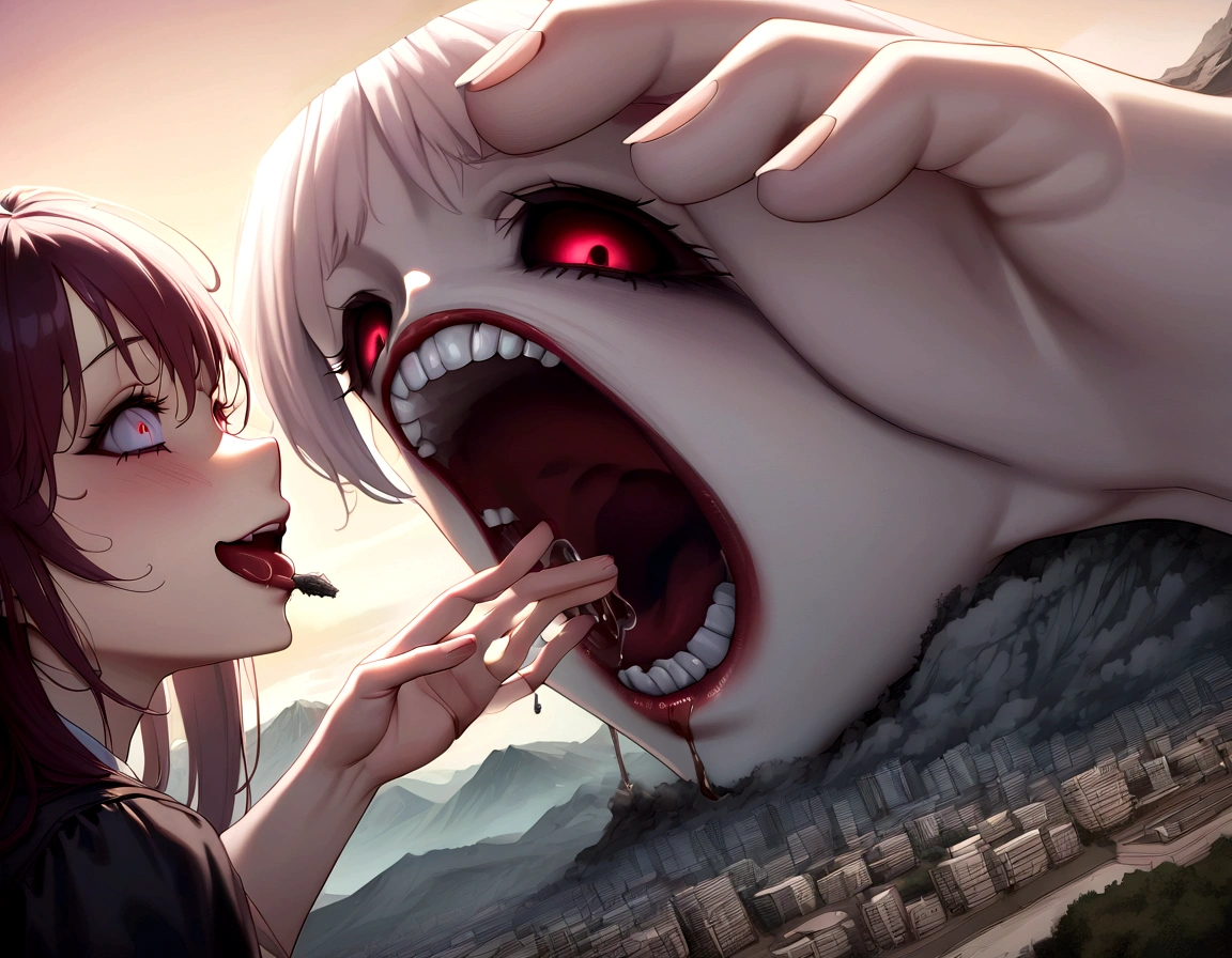 Realistic Anime、Highest quality、masterpiece、anatomically accurate composition、giantess mouth、Precise mouth、Woman's mouth、Detailed mouth、In the mouth、Detailed teeth、Drooling、Giantess、Destroyed cityscape seen in the distance、rubble、Mountains in the distance々、smile、Scary face、Horror、Open your mouth、A giant face looks down、A devastating world、Eat the World、Horror、There is a huge difference in physique、Real Anime
