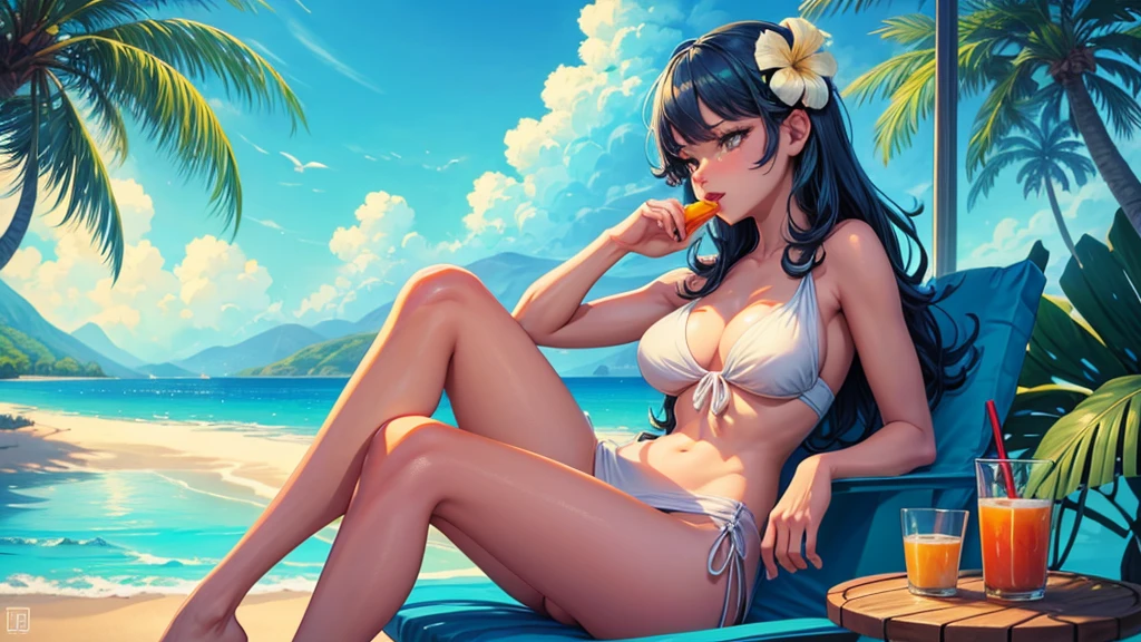There is a woman sitting on a towel sipping a coconut drink, In the style of digital illustration, stylized digital illustration, Just a joke, Great illustrations, Lo-fi Girl, Chill Hop, Relaxing concept art, Beautiful digital illustrations, Relax on the beach, Beautiful digital art, Illustration Style, Beautiful artwork illustration, Exquisite digital illustrations, Detailed digital illustration, Lofi Art