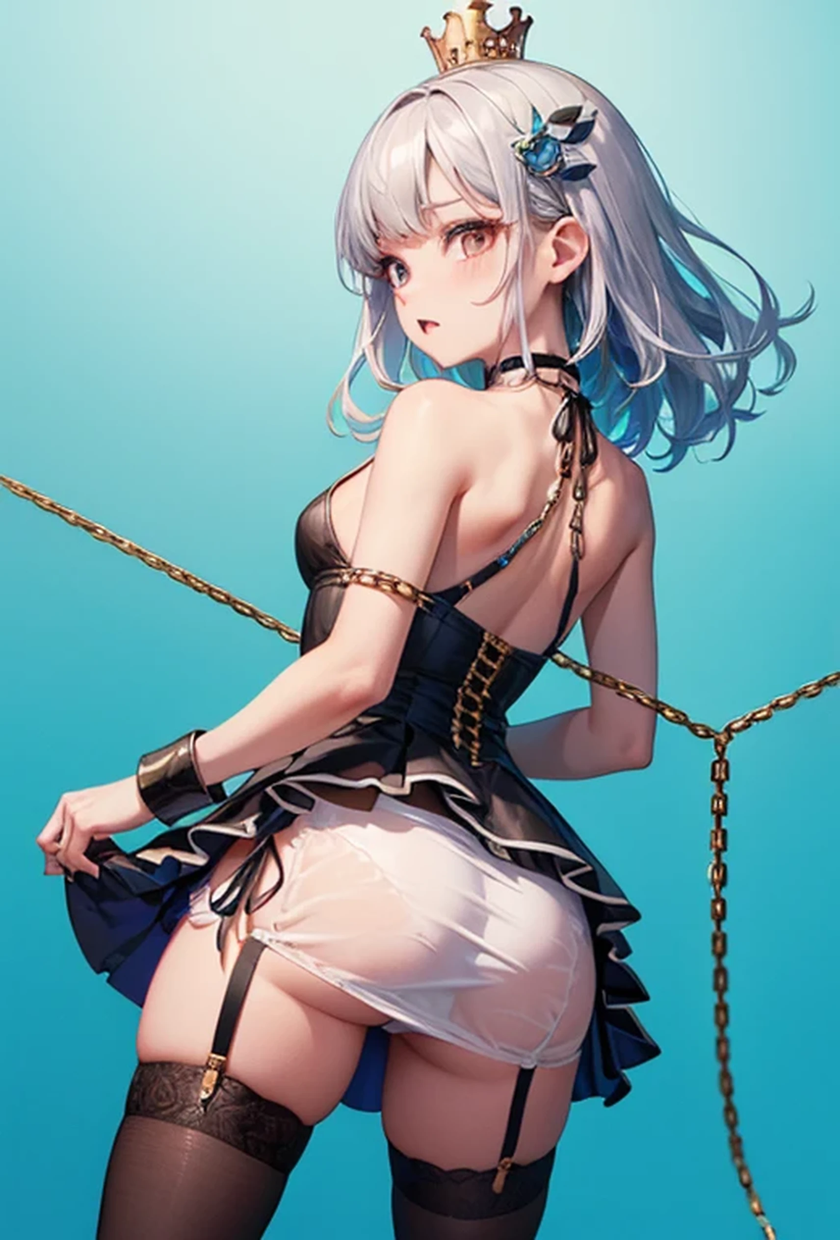 (Photorealistic:1.8, Highest quality:1.8,8K Masterpiece:1.8、Super detailed、Ultra-high resolution、Detailed Background)、((Flat Color))、((colorful))、Multicolored lighting、((Floating colorful water))、Blue background、
Bound Queen、Random Pause、(Chained、Golden Chain、Chained to the body、Chained first round、handcuffs)、Random Sexy Poses、Turn around、Angle from behind、
(Medium Hair、Silver Hair、hair ornaments、choker)、(bondage、Mini Dress、choker、Knee-high stockings、garter belt、White biting panties)、Beautiful hip line、TWICE's Tzuyu' on pause、Beautiful blue eyes、(A rich expression、smile)