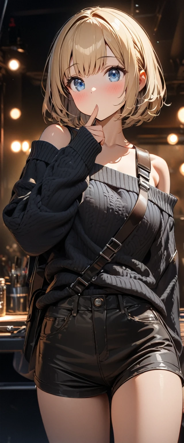 (((One girl))), blond hair, bob cut, breasts, from front, (cowboy shot), (looking at viewer), ((black shorts)), ((off-shoulder black sweater)), ((Shoulder strap)), Hip Length, index finger to own mouth, arm at side, face in focus, teenager, head tilt:1.3, (((blue eye))), ((no mouth)), ((sleeves past wrists)), anime style, (best quality, 4k, 8k, highres, masterpiece:1.2, ultra-detailed, ultra-detailed eyes, HDR, UHD, studio lighting, ultra-fine painting, sharp focus, physically-based rendering, extreme detail description, professional, vivid colors, bokeh)