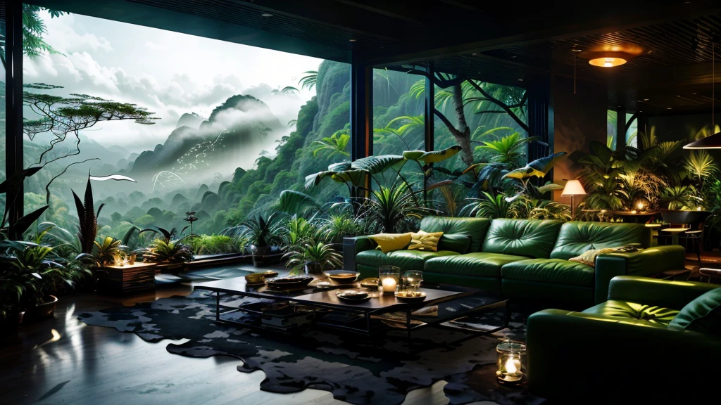 The living room offers mountain and forest views., Mountain jungle environment, Jungle Settings, that《Blade Runner》scene , magithatl ambiance, Surreal dark painting, In a jungle environment, Comfortable environment, cloud forest, Beautiful Jungle, Unfriendly environment, Dense forest, In the alien jungle, Plants and jungle, Rainforest Mountain, Relaxing environment