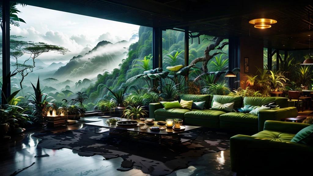 The living room offers mountain and forest views., Mountain jungle environment, Jungle Settings, that《Blade Runner》scene , magithatl ambiance, Surreal dark painting, In a jungle environment, Comfortable environment, cloud forest, Beautiful Jungle, Unfriendly environment, Dense forest, In the alien jungle, Plants and jungle, Rainforest Mountain, Relaxing environment