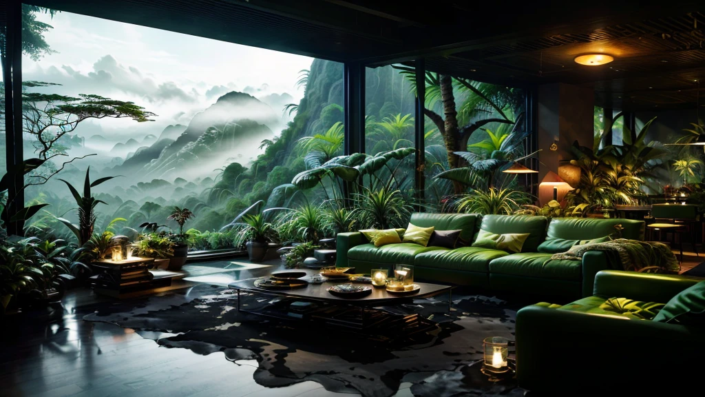 The living room offers mountain and forest views., Mountain jungle environment, Jungle Settings, that《Blade Runner》scene , magithatl ambiance, Surreal dark painting, In a jungle environment, Comfortable environment, cloud forest, Beautiful Jungle, Unfriendly environment, Dense forest, In the alien jungle, Plants and jungle, Rainforest Mountain, Relaxing environment