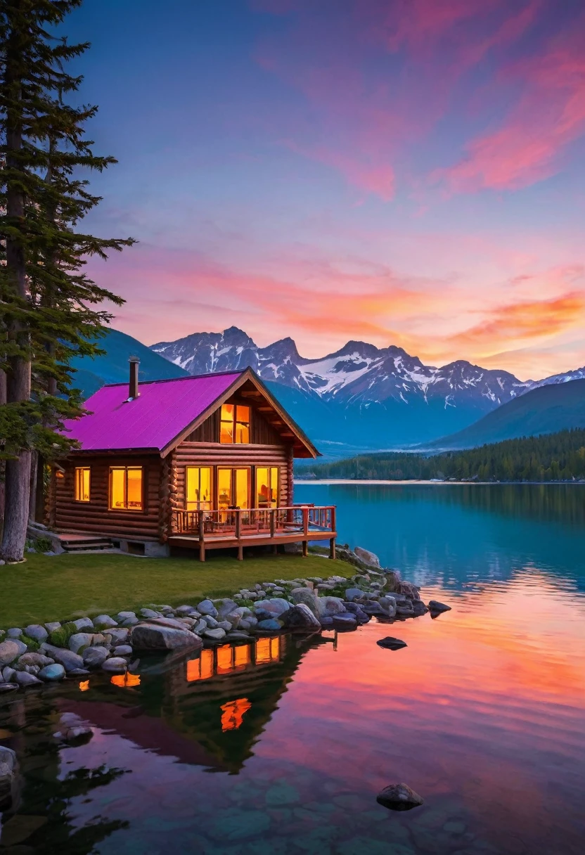 A cozy wooden cabin, perched on a hillside overlooking a serene lake, is bathed in the warm glow of a breathtaking sunset. The sky is ablaze with vibrant hues of orange and pink, reflecting on the water's surface. Mountains rise in the distance, creating a sense of grandeur and peace.