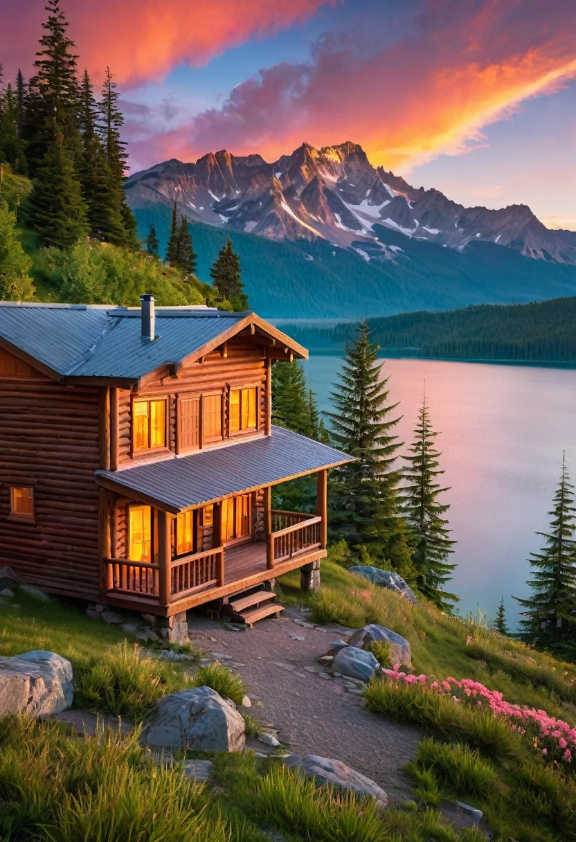 A cozy wooden cabin, perched on a hillside overlooking a serene lake, is bathed in the warm glow of a breathtaking sunset. The sky is ablaze with vibrant hues of orange and pink, reflecting on the water's surface. Mountains rise in the distance, creating a sense of grandeur and peace.