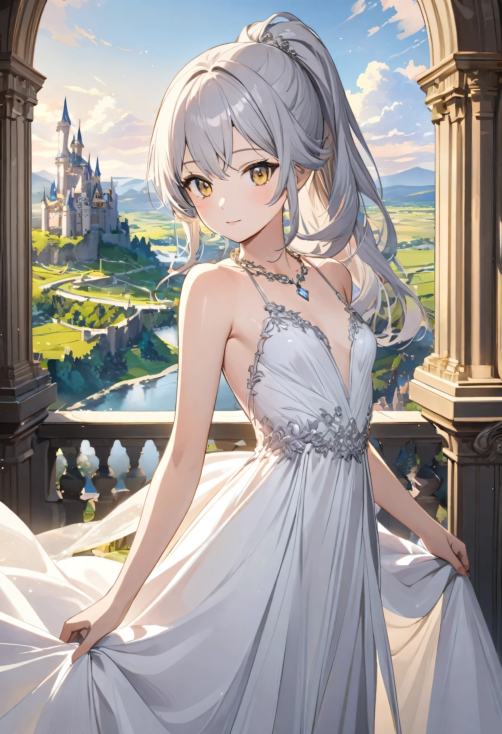 1girl, ponytail , fair skin, silver hair, golden eyes, (elegant  white dress:1.3), (small breasts:1.4), collarbone, petite figure, (illustration:1.1), (perfect details:1.1), landscape, background, castle, abstract, diamond necklace, princess