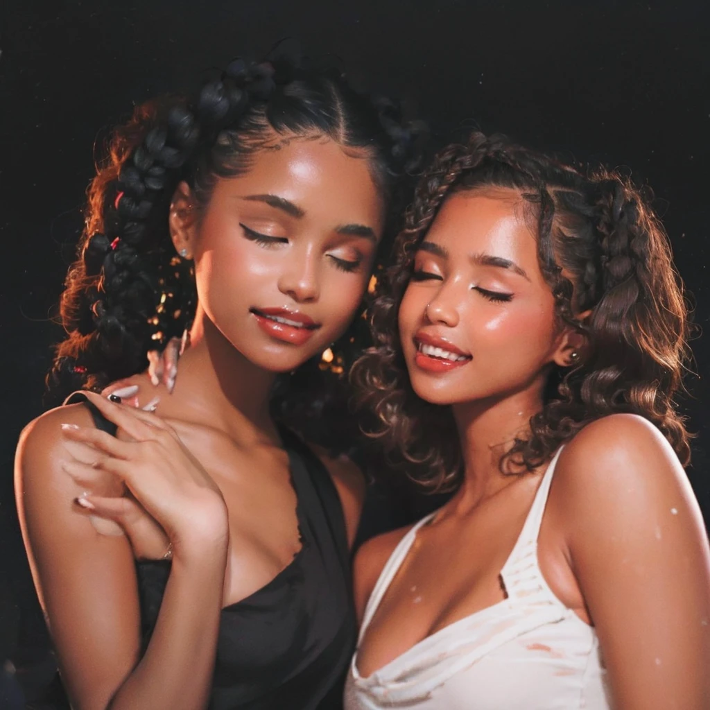 two girls, one girl with light African skin, the other with white skin, brown hair, red lips, romantic atmosphere, foreheads glued together, eyes closed, faces dirty with dust and blood, small smiles, black background, realistic, work of art