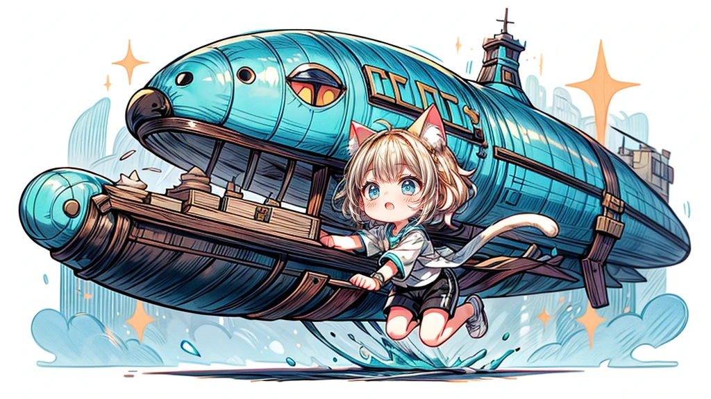 Chibi Character、Dynamic pose、look up、short hair、Cat ear、Flying Airship, Full of air,One girl、Big smile、Blonde Hair、Short Hair、Inner curls、紺色のTracksuits_White line from shoulder to wrist、Black shorts、Black sneakers_No socks、Tracksuits、Turquoise Eyes
