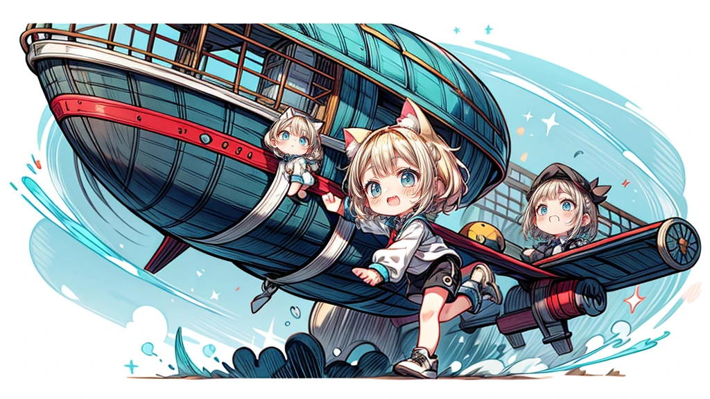 Chibi Character、Dynamic pose、look up、short hair、Cat ear、Flying Airship, Full of air,One girl、Big smile、Blonde Hair、Short Hair、Inner curls、紺色のTracksuits_White line from shoulder to wrist、Black shorts、Black sneakers_No socks、Tracksuits、Turquoise Eyes