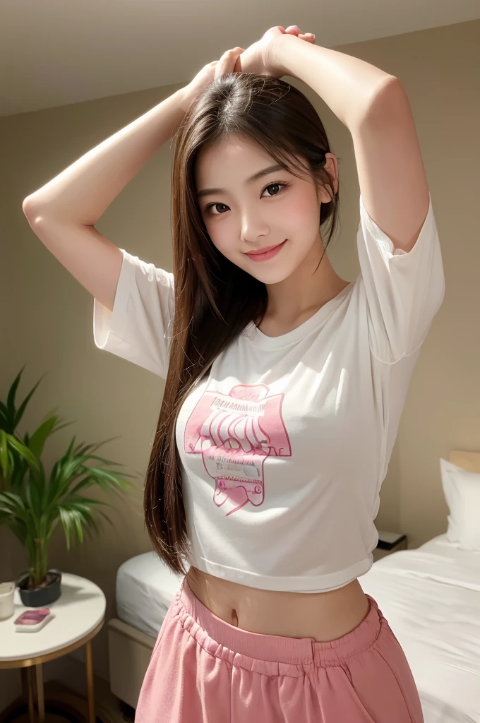 (8K、RAW Photos、Highest quality、masterpiece:1.2)、(Realistic、Photorealistic:1.37)、Very detailed、Ultra-high resolution、She sees the viewer、Has a beautiful and exquisite face。Slim waist (Slim waist:1.3)、Japanese、Fine and beautiful skin、Skin Texture、Floating Hair、Professional lighting illuminates her.。Long Hair、Blonde、(Sexy T-shirt:1.2),E cup bust、Embarrassed,smile、18-year-old、Smile、Moisturizing lips、Pale pink lips。The background features a realistic hotel room.。、(arms up:1.2)