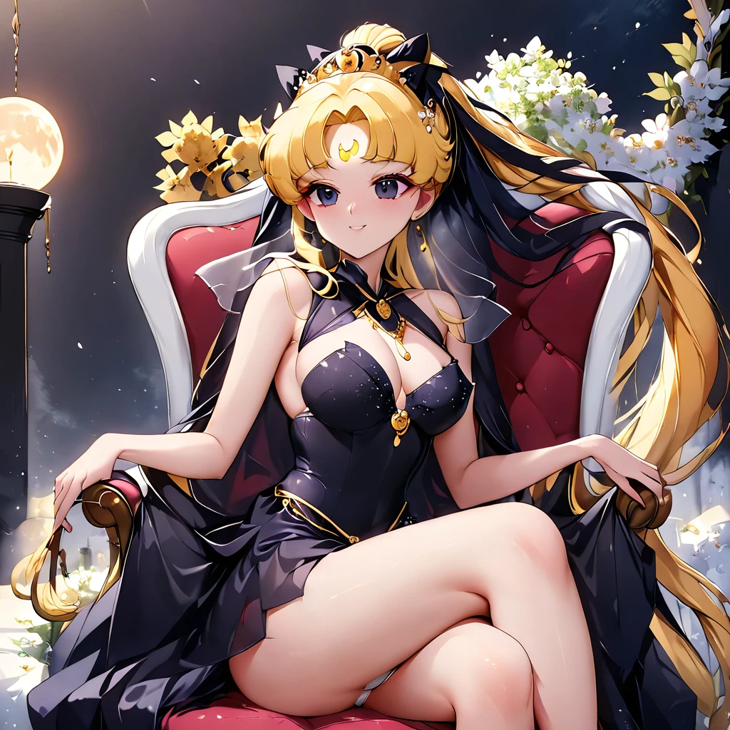 ((Highest quality)), ((masterpiece)), (detailed), (Perfect Face)、Black moon mark on forehead、The woman is Black Serenity, the noble dark queen of the Black Moon clan and has blonde hair.2A woman with long hair tied up in a ponytail is Princess Serenity, sitting on a luxurious throne.、The woman has a black inverted crescent moon mark on her forehead, a gorgeous and glittering black gothic Victorian dress, a black veil and a black see-through cape, and is wearing luxurious jeweled accessories. She is the Queen of Darkness, the jet-black Princess Serenity, looking at the camera with a happy expression, and has the expression of a maiden in love.
