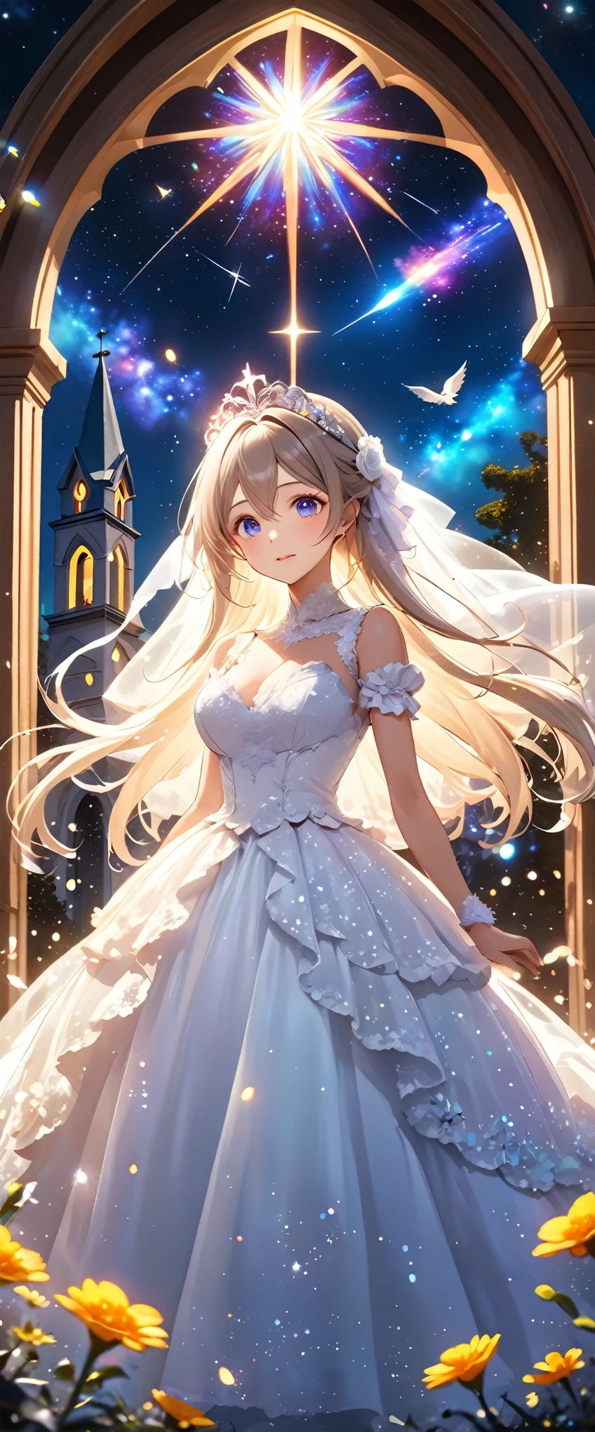 Highest quality, Super quality, 16K, Incredibly absurd, Very detailed, 2.5D, delicate and dynamic, church, Brightly colored stained glass, Small faint lights and flying fireflies, night, Starry Sky, milky way, nebula, shooting star, Flowers, birds, wind and moon, Small face, Extremely delicate facial expression, Delicate eye depiction, Upper body close-up, erotic, sole sexy lady, healthy shaped body, 22 years old lady, bride, 170cm tall, huge firm bouncing busts, Colorful tiaras, A long wedding dress with a complex structure, Colorful long wedding dress, frilly see-through long wedding dress, super long cape from head