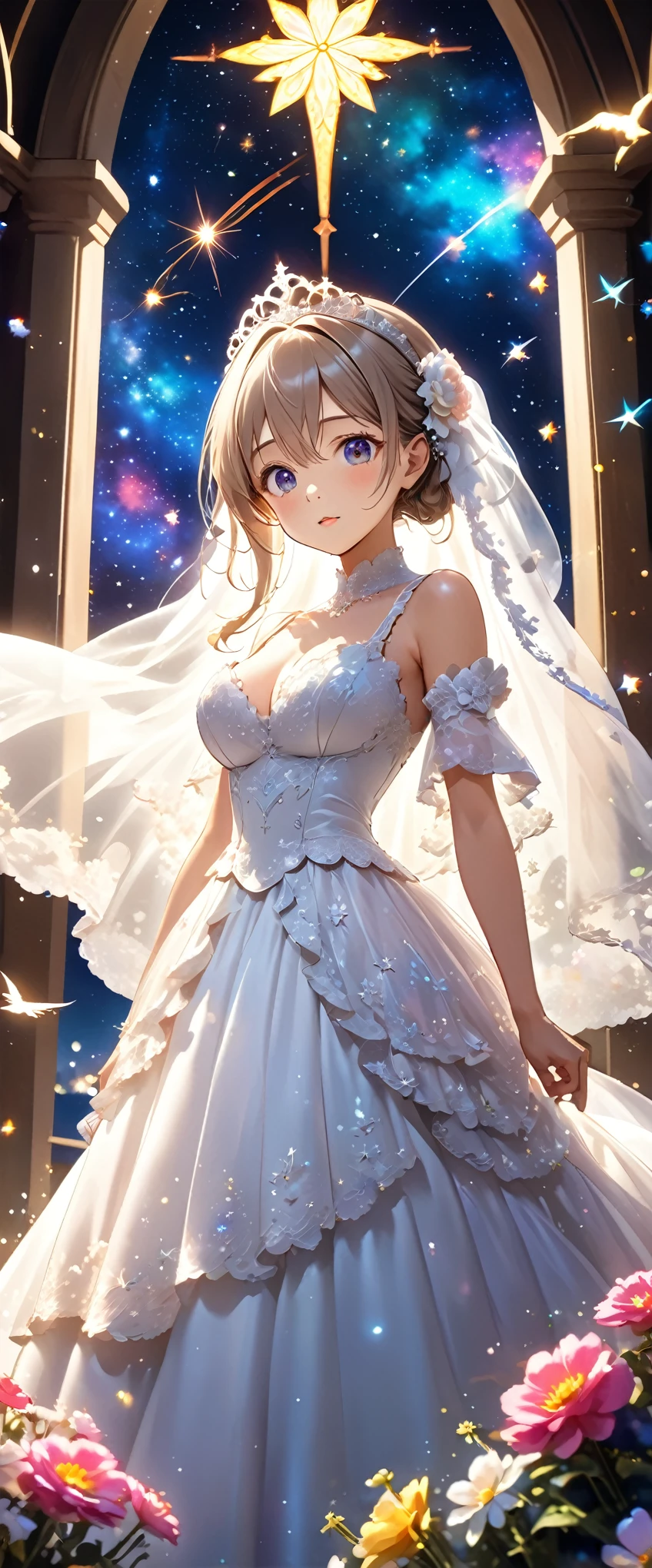 Highest quality, Super quality, 16K, Incredibly absurd, Very detailed, 2.5D, delicate and dynamic, church, Brightly colored stained glass, Small faint lights and flying fireflies, night, Starry Sky, milky way, nebula, shooting star, Flowers, birds, wind and moon, Small face, Extremely delicate facial expression, Delicate eye depiction, Upper body close-up, erotic, sole sexy lady, healthy shaped body, 22 years old lady, bride, 170cm tall, huge firm bouncing busts, Colorful tiaras, A long wedding dress with a complex structure, Colorful long wedding dress, frilly see-through long wedding dress, super long cape from head